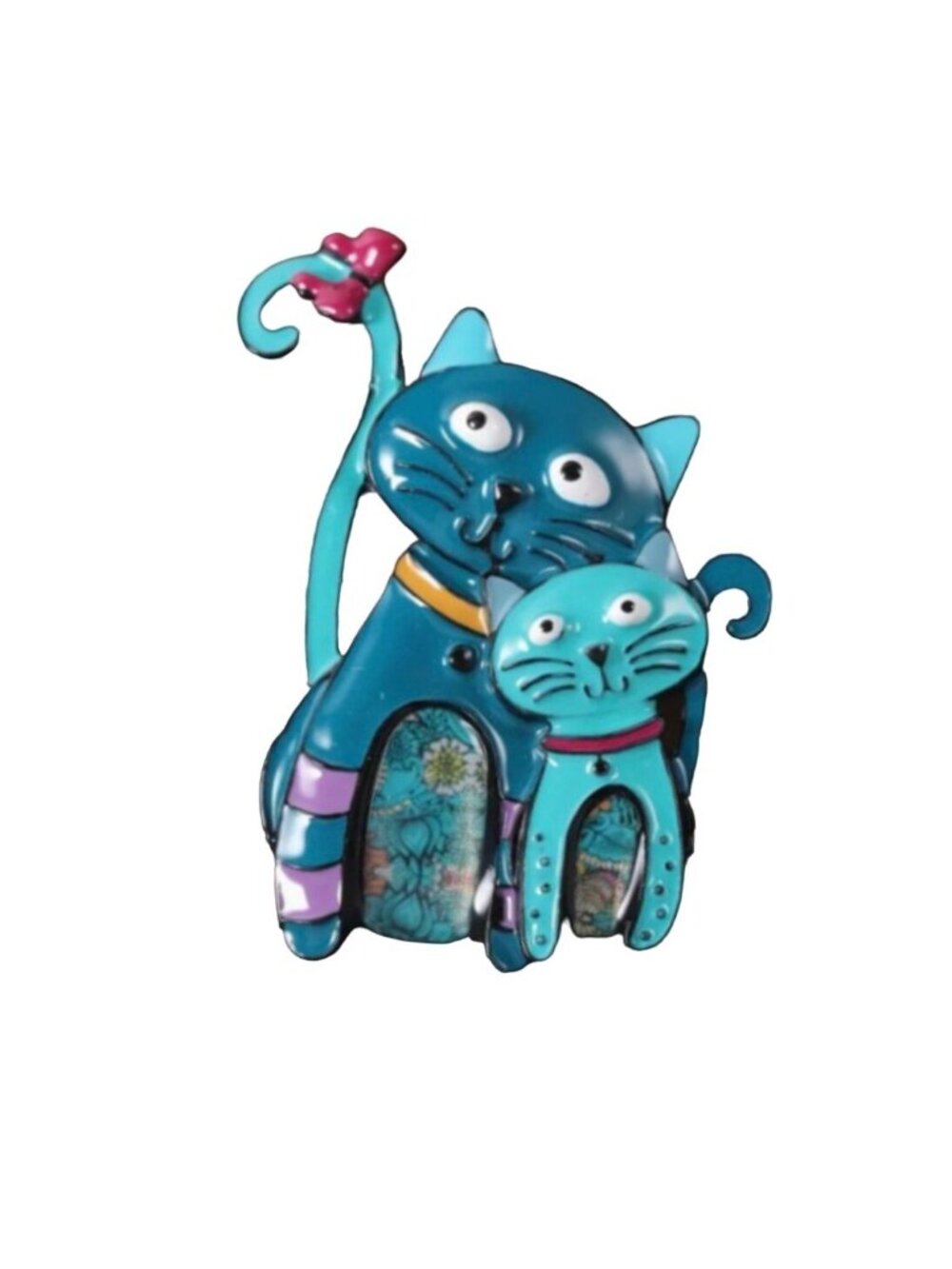 Mother Cat with Kitten Brooch Whimsy Teal Blue Enamel - Picture 3 of 3